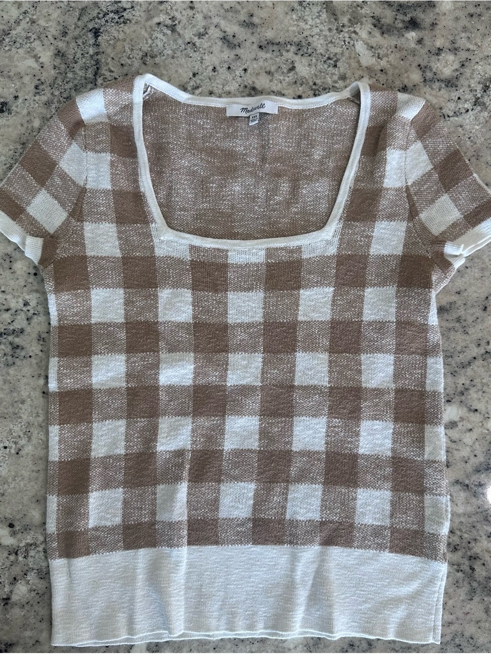 Madewell Brown + Cream Gingham Check Knit Top | Short Sleeve | XXS